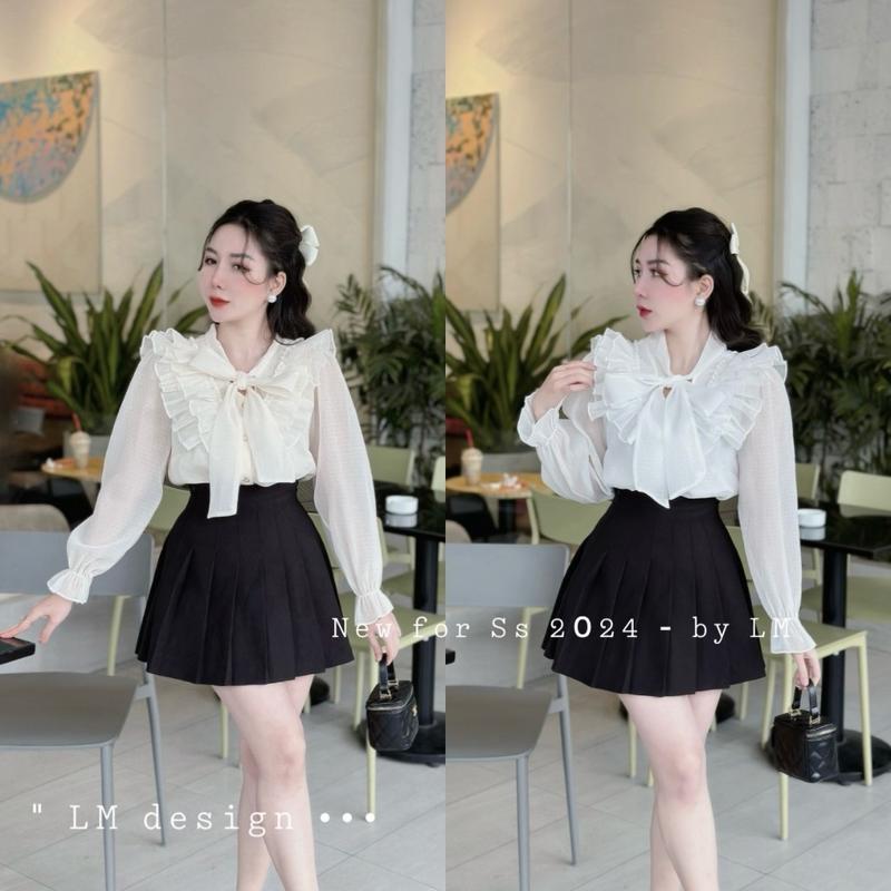 Sơ mi voan tơ lụa óng 2 lớp siêu xinh thiết kế nơ mã 2438 Top Áo Nữ Women Voi