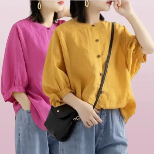 Áo Sơ Mi Nữ Cổ Tròn Tay Lỡ, Áo Kiểu Nữ Form Rộng Thiết Kế Tay Nhún Phồng Sang Trọng Mẹ Sam 24h - SMH.34 Women Top Voi