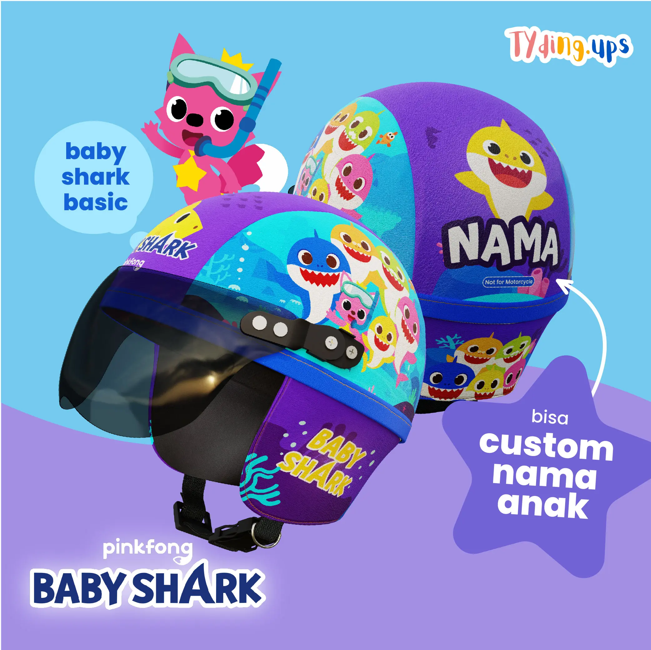 HELM RETRO CHIPS ANAK CUSTOM NAMA KARAKTER BABY SHARK  UNTUK USIA 1 2 3 4 5 TAHUN LUCU