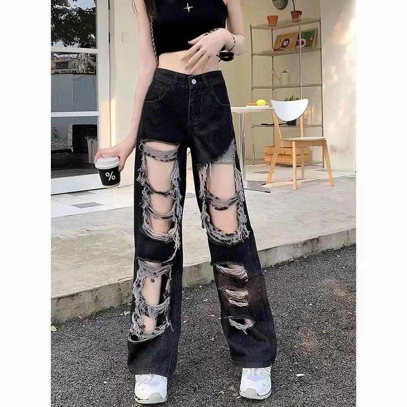 Product Introduction of Quần Jean Rách Màu Đen, Ngoại Cỡ, Dành Cho Cô Gái Đầy Đặn, Phong Cách Đường Phố Cao Cấp Mỹ, Dáng Rộng Và Dáng Ôm, Ống Rộng Và Thẳng, Quần quét đất Nhà, Dành Cho Nữ Women Pants 5