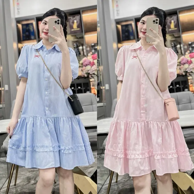 Váy bầu babydoll thiết kể cổ sơ mi thêu nơ đỏ xinh xắn,thiết kế Lachic v52 0