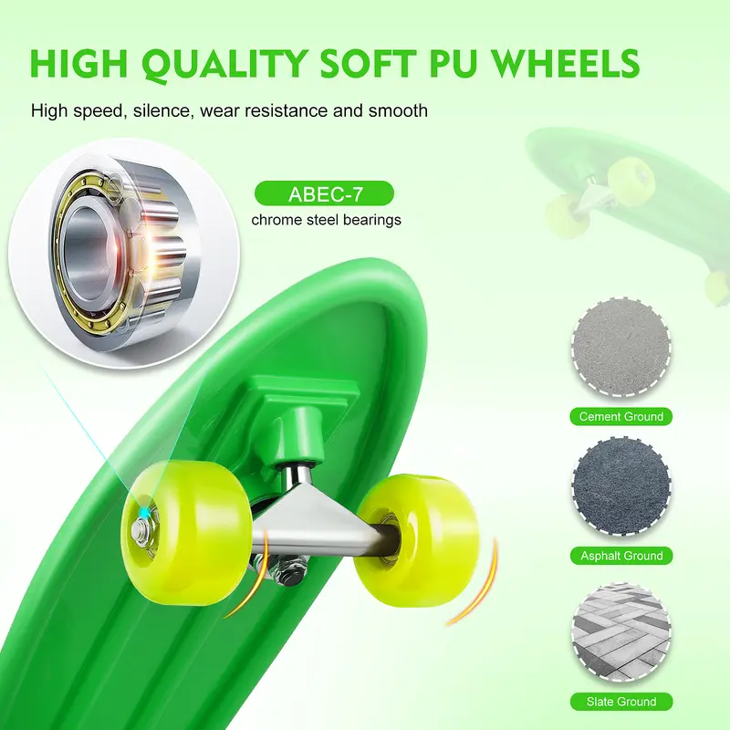 Bộ đồ Ván Trượt, Thiết kế đường phố màu xanh lá cây, Bảng dài, Dành cho người lớn, Trẻ em và Trẻ mới biết đi, Chất liệu PP Cổ Điển với kim loại 4