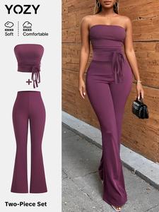 YOZY Women's Solid Tie Front Crop Tube Top & Flare Leg Pants Two-piece Set, Casual Fashion Cozy Two Piece Outfits for Daily Outdoor Wear, Ladies Clothes for All Seasons