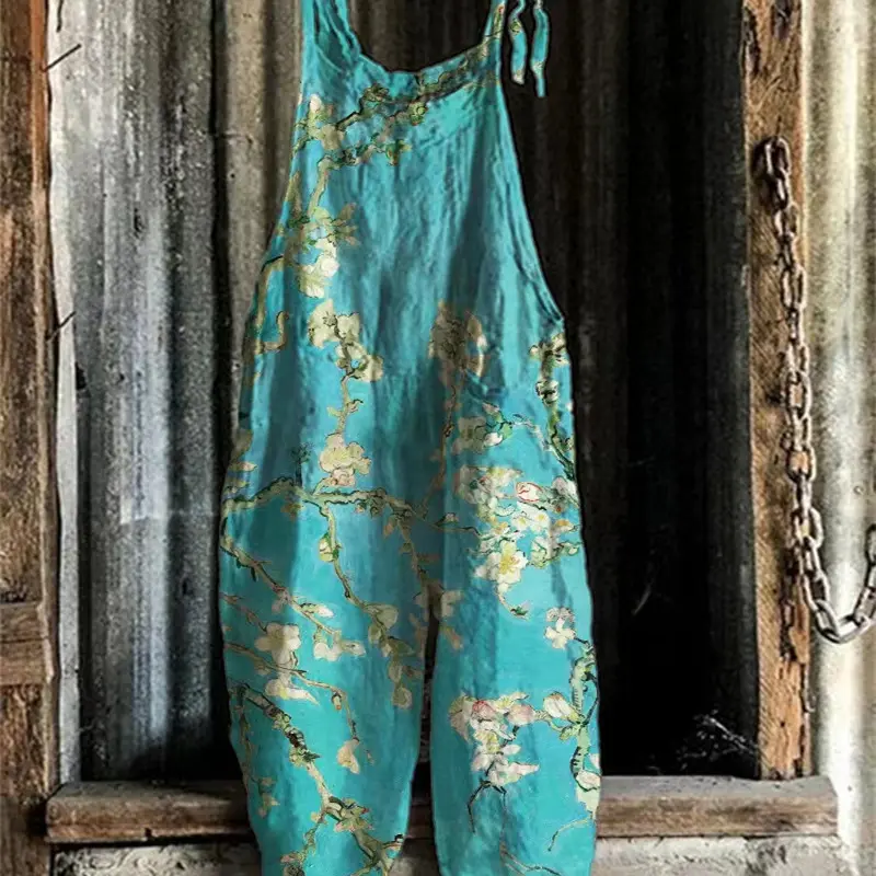 Women's New Summer Bohemian Fashion Casual Halter Jumpsuit New Smudgy Floral 3D Printed Loose Lace-up Jumpsuit fleabag  jumpsuit