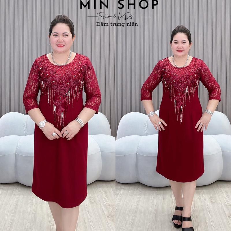 Đầm body trung niên cao cấp hoa ren kết đá cổ 3D Min Shop - Voan, Nữ Women Sen Dress Voi Kem Hoa Sen Đen Đỏ 3