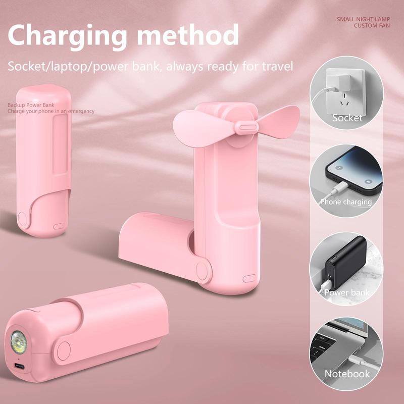 Portable Handheld Fan, USB Rechargeable Fan with Light, Foldable 3-speed Wind Fan for Outdoor Camping Home Office 4