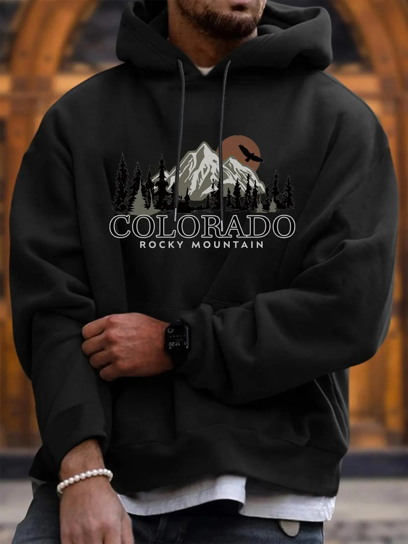 Men's Letter & Landscape Print Drawstring Pocket Essentials Hoodie, Loose Long Sleeve Hooded Sweatshirts, Casual Men's Clothes for Fall & Winter, Graphic Hoodie， Hoodies for Men