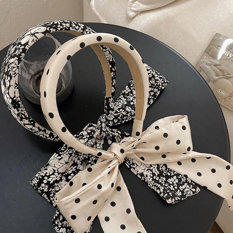 Product Introduction of Fashion 2024 New Women's Polka Dot Bow Ribbon Headband Face Washing Hair Pressing Headband High Skull Hair Tied Ribbon Headdress 25