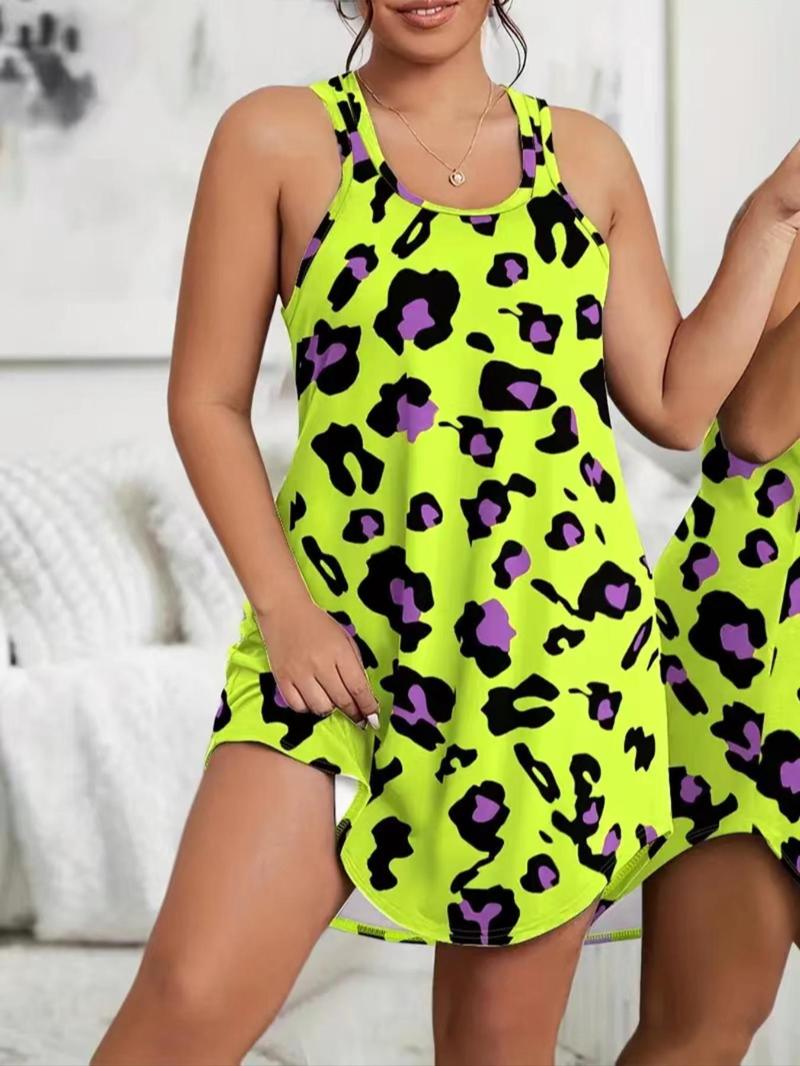 Product Introduction of Plus Size Leopard Print Asymmetrical Hem Tank Dress, Ladies Dresses Summer, Plus Casual Scoop Neck Sleeveless Dress for Summer, Women's Plus Summer Clothes for Daily Wear 3