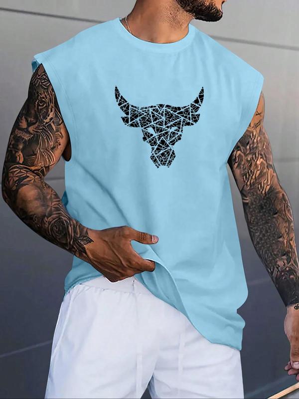 Men's Bull Head Print Round Neck Tank Top, Casual Fit Quick Drying Breathable Sleeveless Top for Gym Workout Running, Men's Clothes for Summer 4