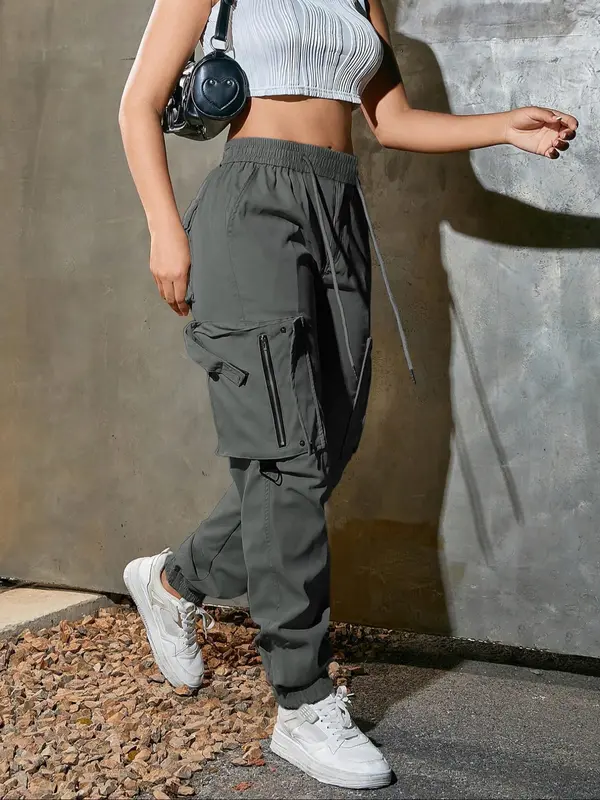 Women's Solid Pocket Drawstring Cargo Pants, Street Fashion Casual Trousers for Daily Wear, Ladies Bottoms for Spring & Fall 4