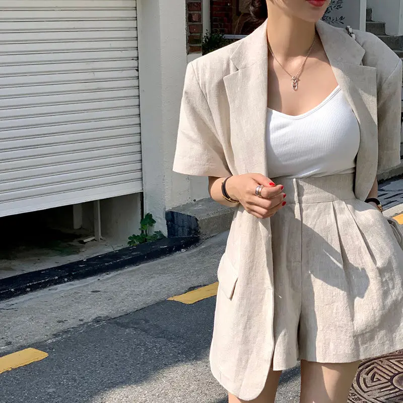 Bộ Đồ Mùa Hè Sang Trọng Phong Cách Pháp Cổ Điển Bộ Sưu Tập Người Hàn Quốc, Áo Sơ Mi Và Quần Đùi Thường Ngày Cổ Áo Vest ngắn Tay Áo, Bó Sát Cạp Cao, Chân Rộng, Dành Cho Nữ, Bộ Đồ Thường Ngày [4488 Bộ Sưu Tập] 3