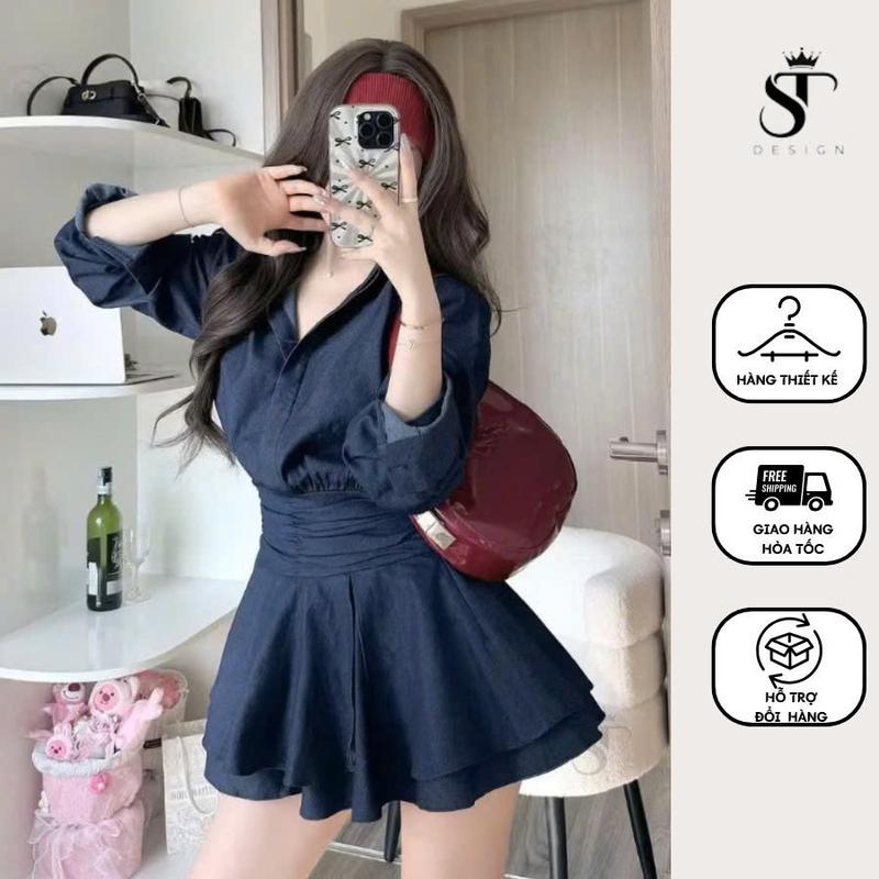 Váy bò Denim thiết kế dài tay nhúm eo chân váy tầng cao cấp ST Design tặng kèm quần trong - V01.