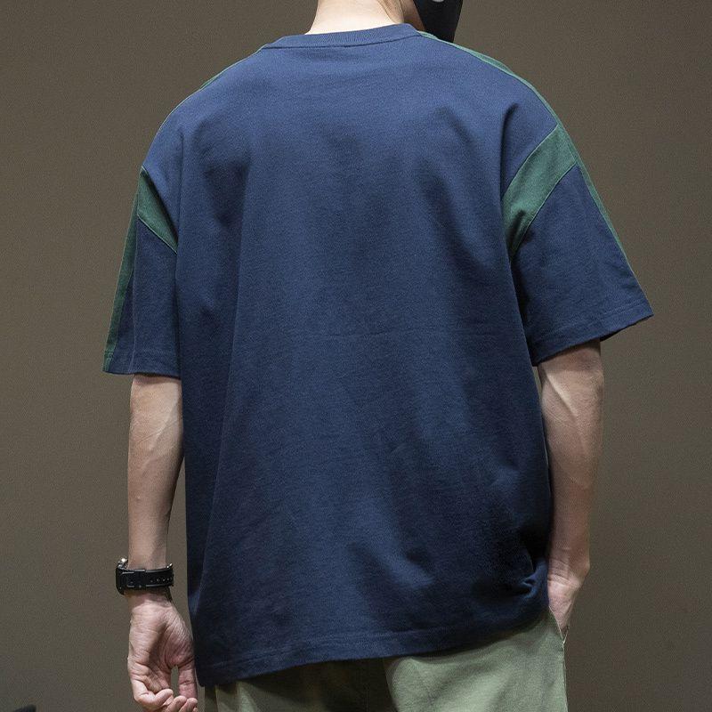 2023 New Summer Trendy Japanese Style Patchwork Color Block Regular Shoulder Short Sleeve T-Shirt Men Drop Shoulder Half Sleeve Men's Youth T-Shirt 4