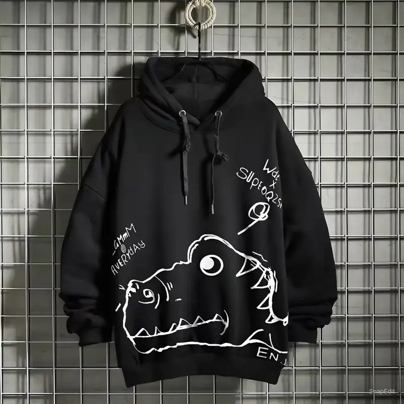 Áo Khoác Hoodie Unisex Nam Nữ Hoạ Tiết Khủng Long Cạp Cạp Siêu Cute Menswear Dài Tay Đen 0