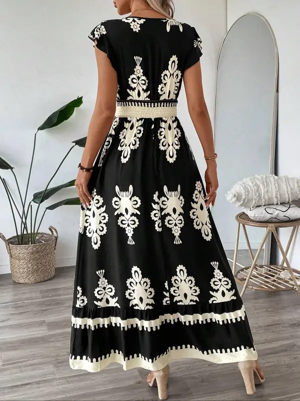 Women's All Over Print Ruffle Hem A Line Dress, Boho Fashion V Neck Cap Sleeve Long Dress for Beach Holiday Vacation, Summer Dress, Ladies Dress for Summer, Bohemian Womenswear, Vneck 5