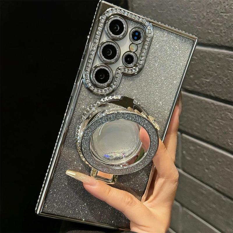 Product Introduction of Rhinestone Decor Phone Case with Ring Holder, 1 Count Magnetic Phone Protective Cover, Phone Accessories Compatible with Samsung Series 5
