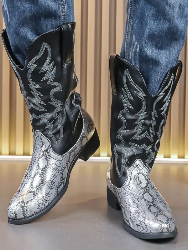 Men's Fashionable Snakeskin Print Embroidering Design Boots, Punk Style Cowboy Boots for Daily Wear, Fashion Vintage Shoes for Party, Daily Clothing Decor 6