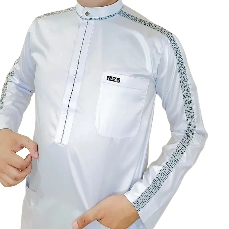 Baju koko Original Saudi Polyester Import lengan panjang putih les tangan abu bintik hitam / Baju Pria Muslim Elit, Mewah, Berkelas dan Berkualitas Alghin Exclusive 23 1