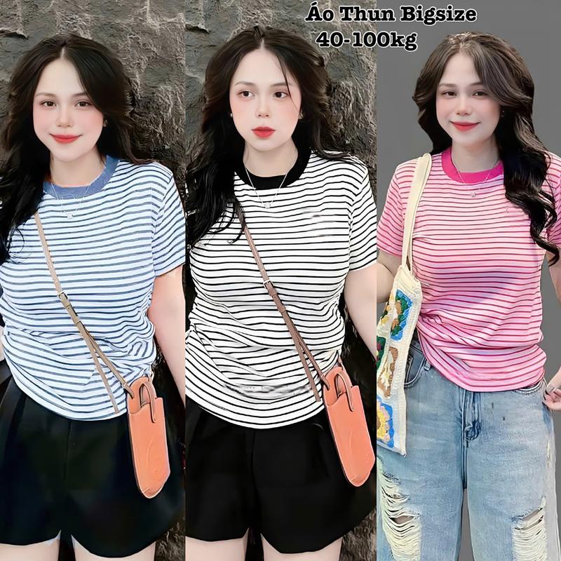 Áo Thun Gân Tăm Bigsize Sọc Ngang Cổ Tròn Nữ Xinh Đẹp Dễ Thương Giá Rẻ Freesize 50-95kg Women Top áo  thun  bigize đẹp Màu Nâu - 2394