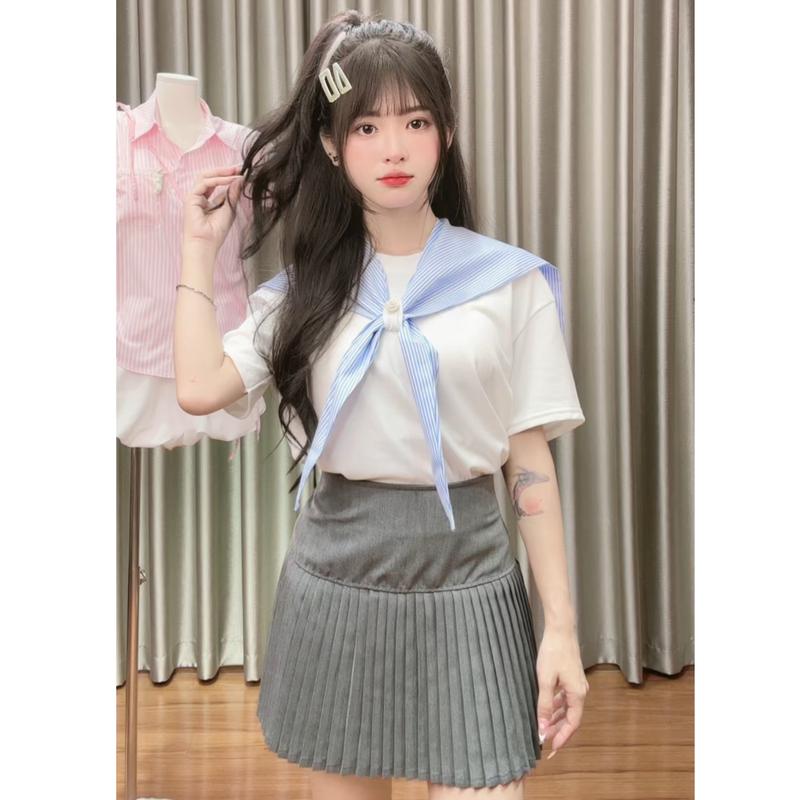 XẢ KHO NGHỈ BÁN (KÈM KHĂN) Set Áo kiểu nữ kèm chân váy xếp ly tennis chất thô hai da cổ thủy thủ form rộng cá tính 2 màu Kozoda S166 Women Top