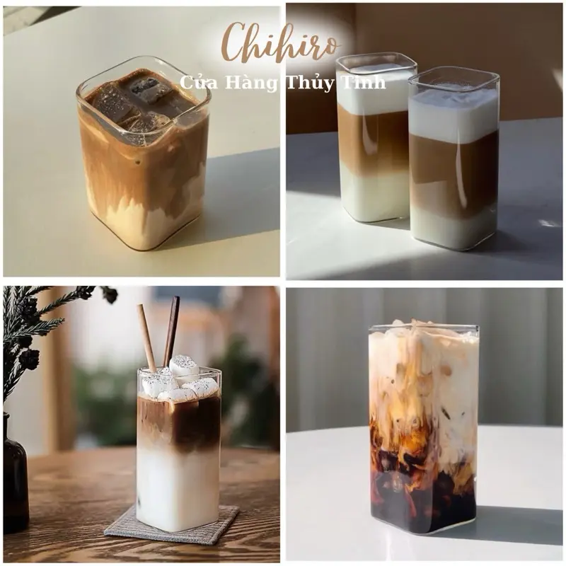 Ly/cốc cà phê chịu nhiệt,ly thuỷ tinh vuông trong suốt mỏng decor Hàn Quốc,ly uống matcha, nước ép-Chihirostore.decor