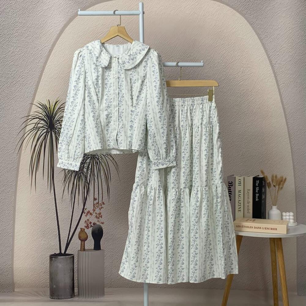 Asaya Rok kemeja lengan panjang leher awak setelan bunga