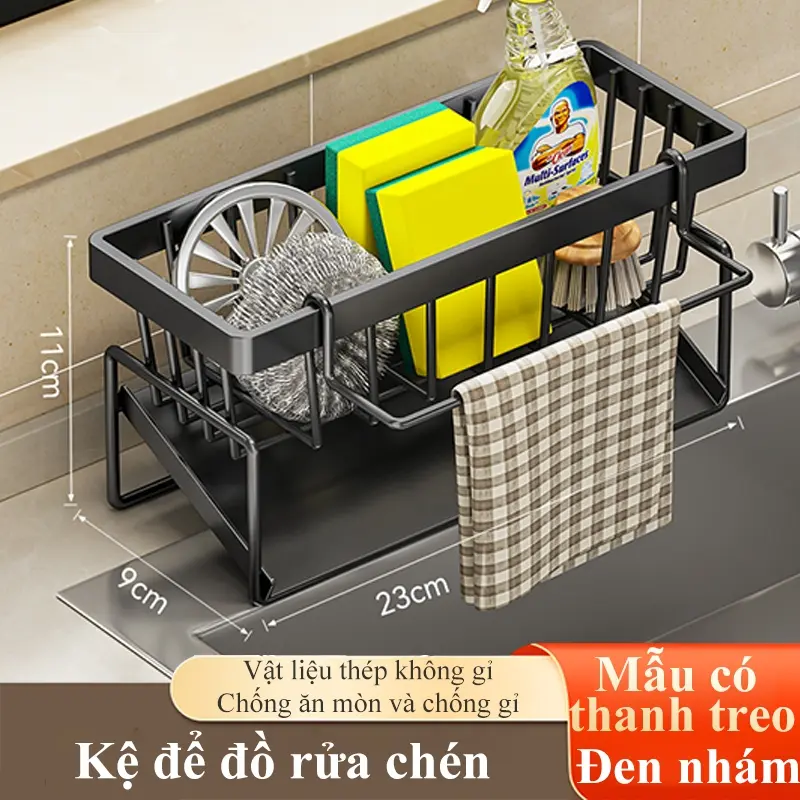 Kệ để đồ rửa chén bát, Giá đựng đồ rửa bát chất liệu thép không gỉ tích hợp giá treo khăn tiện lợi 7