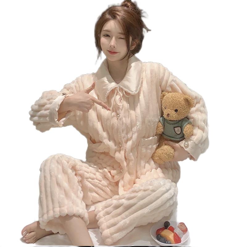 [HOT]Bộ đồ ngủ lông San Hô Bộ Pijama áo khoác cổ sen phối lụa phong cách HQ bông dày dặn,mềm mại cho nữ Women