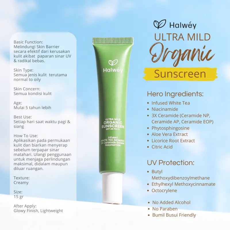 Halwey New Organic Sunscreen Ultra Mild White Tea SPF28 PA+++ 15gr 3