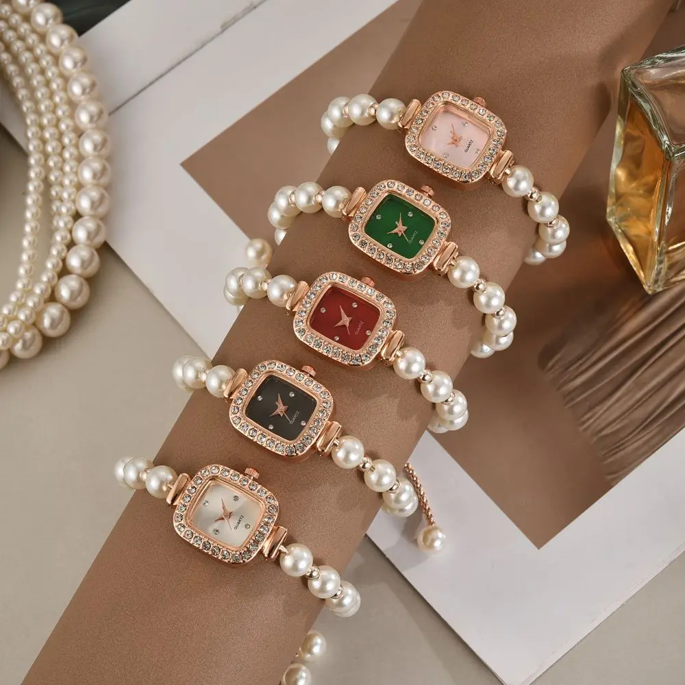 New stylish pearl strap diamond square women's watch with adjustable bracelet, perfect gift for women, quartz movement