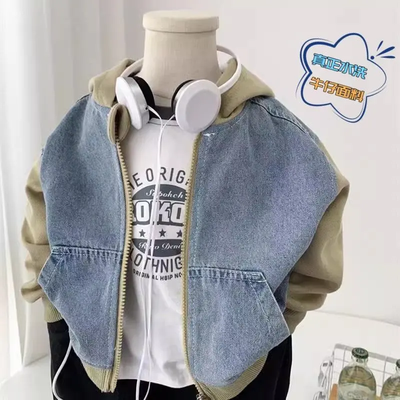 Áo Khoác Denim, Cho Bé Trai, Phong Cách Mùa Xuân Và Mùa Thu, Phong Cách Hàn Quốc Mới, Có Mũ Trùm Đầu, Áo Có Khóa Kéo, Áo Thường Ngày Sành Điệu Và Hợp Xu hướng, Thích Hợp Cho Trẻ Em, 2025