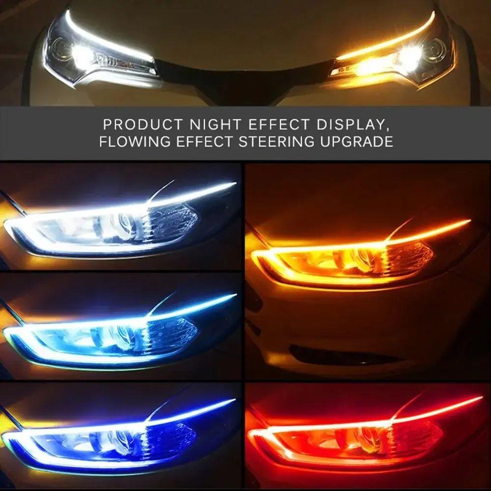 2pcs LED DRL Car Daytime Running Light Flexible Waterproof Strip Auto Headlights White Turn Signal Yellow Brake Flow Lights 12V