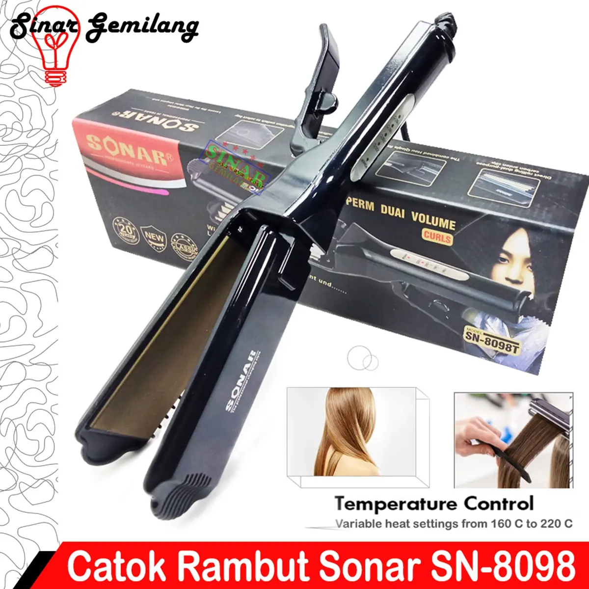Catokan Rambut Sonar SN-8098 Lurus Catok Pelurus Rambut Plat Lebar Temperatur Control