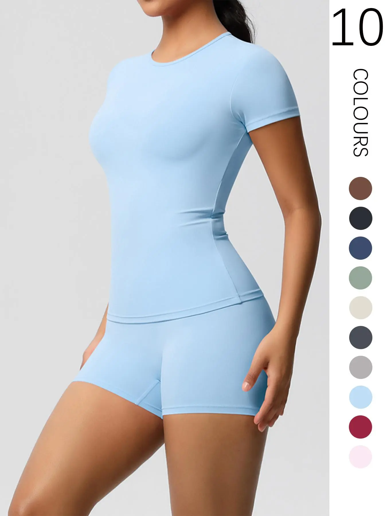 Women's Solid Crop Tee & Skinny Shorts Two-Piece Set, Sporty Breathable Quick Drying Tummy Control Butt-lifting Outfits for Yoga Gym Workout Running, Ladies Sportswear for All Seasons