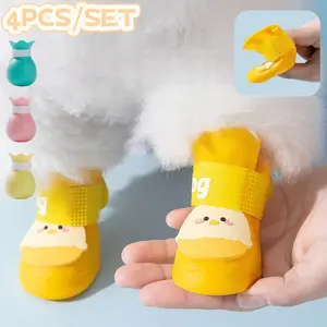 4 Pcs/Set Sepatu Bot Hujan Anjing Kartun Silikon Kucing Boots Tahan Air Anti Slip / Sepatu Untuk Hewan Peliharaan /  Kucing Boots Tebal Anti Slip Anti Ai