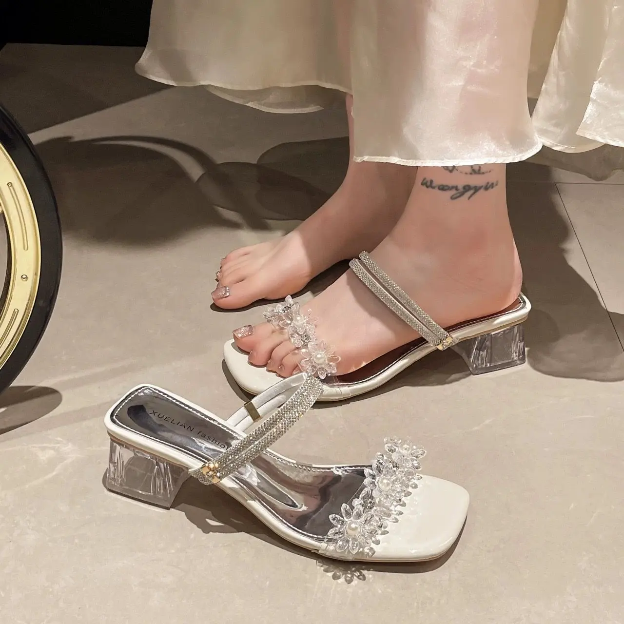 2025 High Quality Rhinestone Transparent Chunky Heel Slippers Women's Summer Two Wear Fashion Fairy Temperamental French Style Sandals Ankle-Strap Sandals New Hot Sale