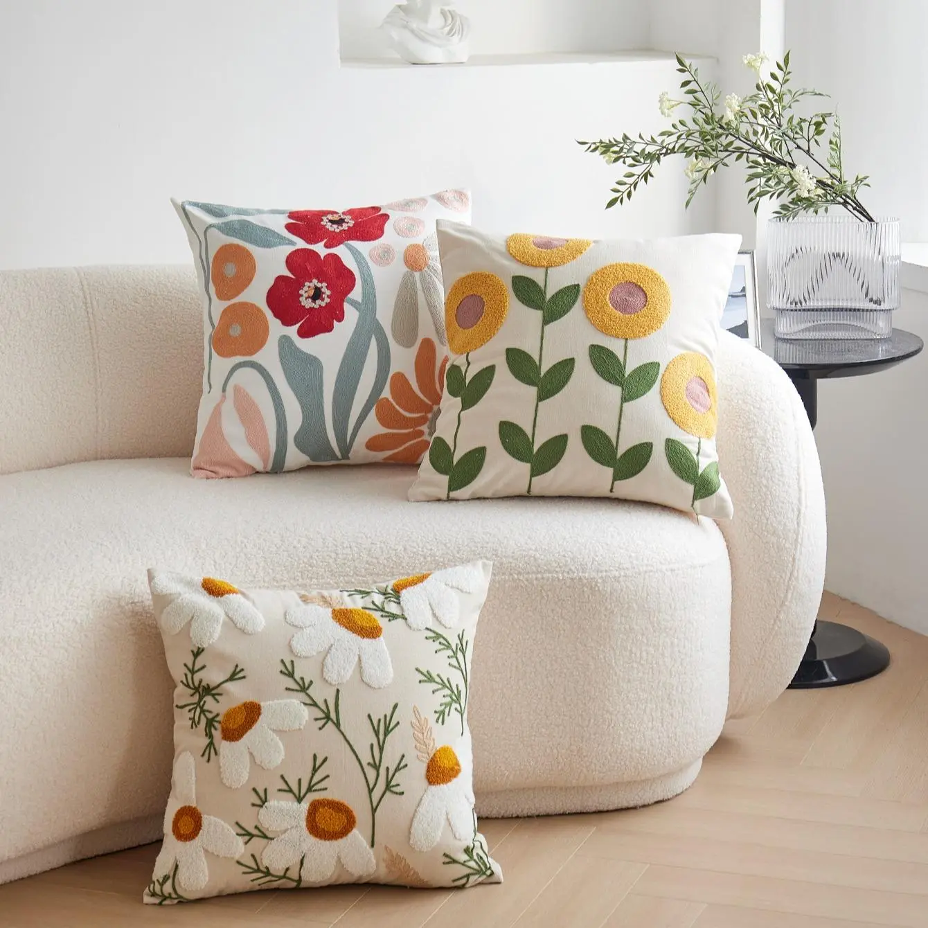 Flower Embroidery Cushion Cover, 1 Count Square Throw Pillow Cover without Filler, Household Decoration Supplies for Home Living Room Bedroom