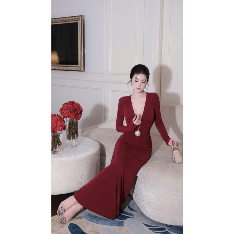 Đầm Body Thun Nhuyễn Cổ V Khoét Sâu Cài Charm Dáng Maxi Đuôi Cá Dài Đi Tiệc Sang Trọng Nữ 2