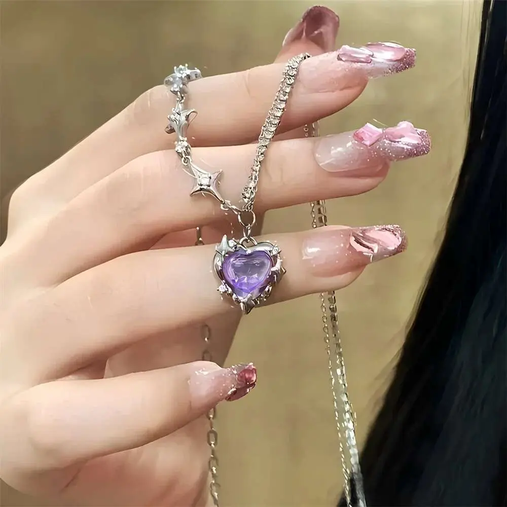 SUMENG 2025 Purple Pink Black Crystal Heart Pendant Necklace Sweet Cool Girl Punk Clavicle Chain For Women Fashion Jewelry Gifts