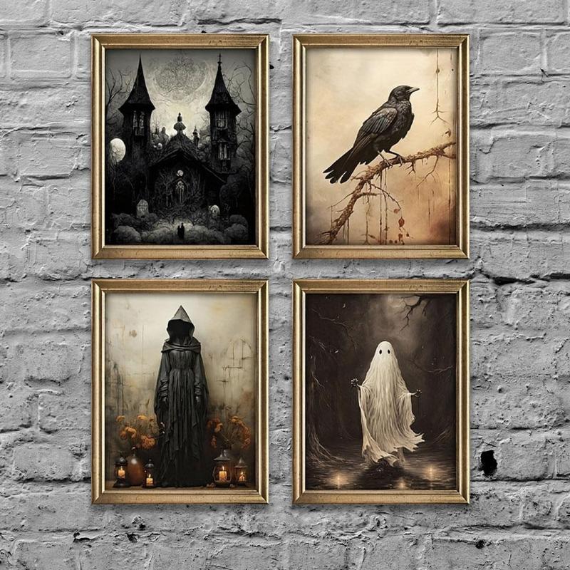 Halloween Themed Unframed Canvas Painting, 1 Count Vintage Style Waterproof Wall Art, Wall Decor for Home Living Room Bedroom 2