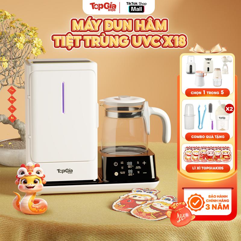 (MUA 1 TẶNG 7) Máy đun hâm pha sữa và sấy khô tiệt trùng UVC X18 đa năng Topgiakids, bảo hành 3 năm (Tặng Máy lắc sữa/Máy hâm sữa/Máy hút sữa/Máy xay/đèn ru ngủ+Lồng hâm + Cọ bình silicon + kẹp gắp+6 bao lì xì)