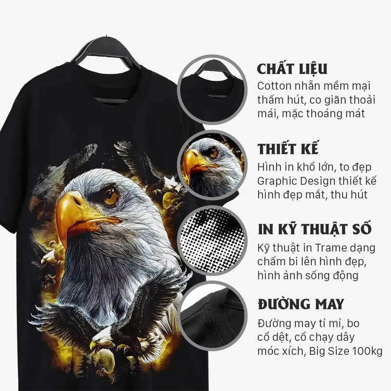 Áo Thun Nam Nữ Cổ Tròn Tay Ngắn Big Size Cotton 100 Đen In Hình Đại Bàng 2