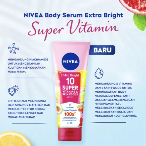 【BPOM】NIVEA Extra Bright Body Serum 10 Super Vitamin & Skin Food + Niacinamide SPF15 180mL 1