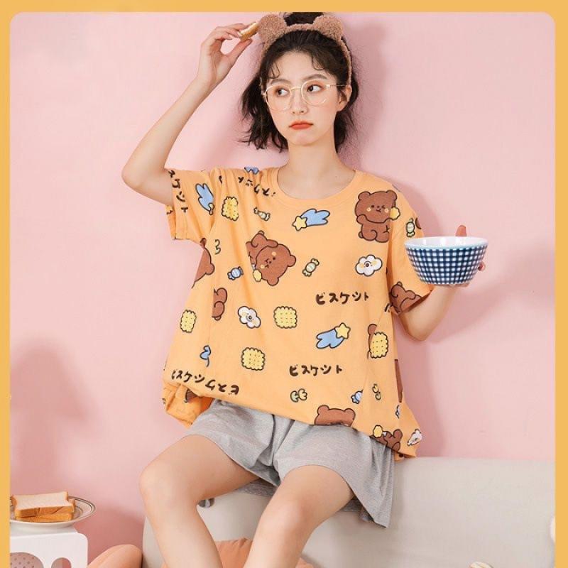 Product Introduction of Bộ Đồ Ngủ Nữ, Phong Cách Mùa Hè, Với Đệm Ngực Tích Hợp, Thiết Kế Hoạt Hình, Làm Bằng Cotton Nguyên Chất, Quần Áo Dễ Thương, Thích Hợp Mặc Nhà, Màu Bạc Nước, ngắn Tay Mỏng, Cổ Tròn Women Top 15