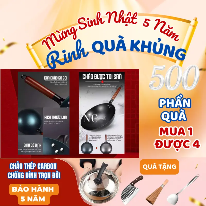 Đáy Tròn Chảo Thép Carbon  32cm Chống Dính - Tặng Dao Chổi Xẻng và Vung.. 1