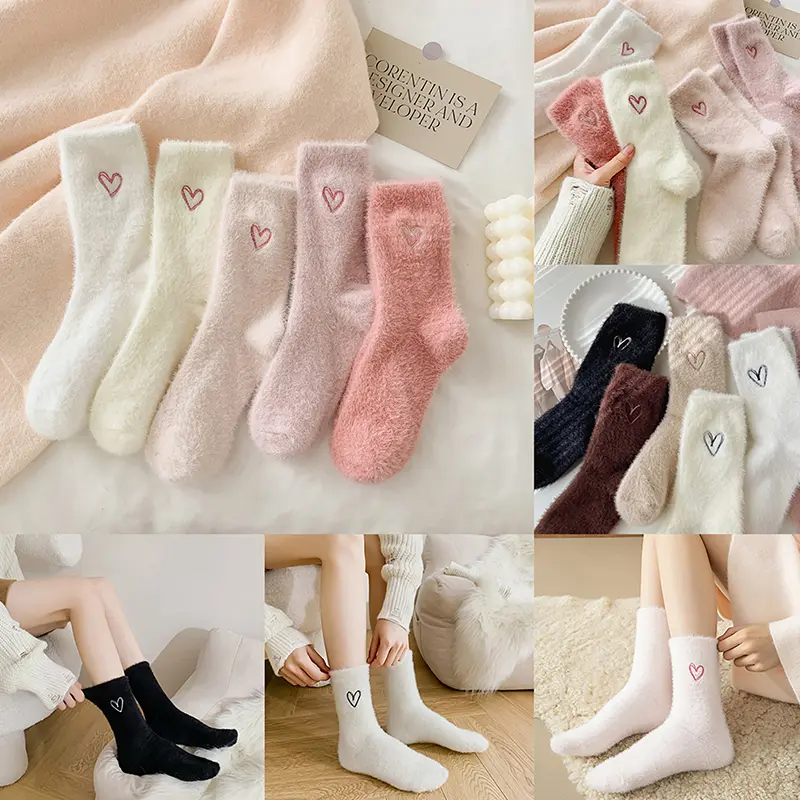 Tất Họa Tiết Tình Yêu Mùa Đông, Dành Cho Nữ, Nhồi Bông Với Lông Chồn Ấm Cúng, Làm Bằng Nhung, Tất Dài, Dệt Kim, Dày Dặn, Ấm Áp Để Ngủ, Lông Mịn, Phong Cách Kawaii Sox Women Voan