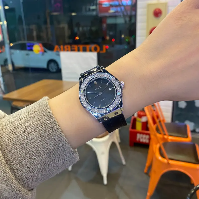 Hugi Đồng Hồ dây da Nam nữ luxury 603 basic dây da niềng đá cao cấp, sang trọng. Đồng hồ đeo tay thời trang, phụ kiện đẹp. Kiềng Watch 5
