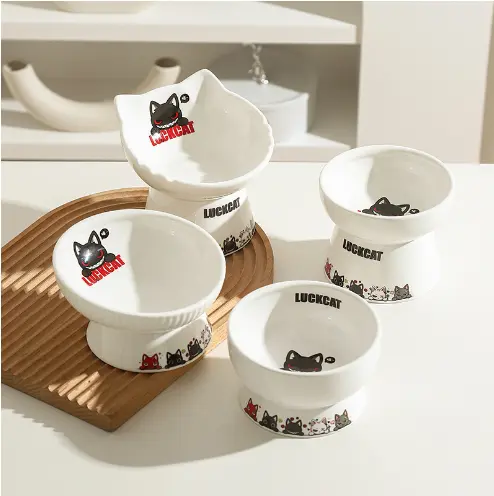 Bát ăn chống gù cho mèo, bát ăn LUCKYCAT dễ thương, bằng sứ tráng men cao cấp 0