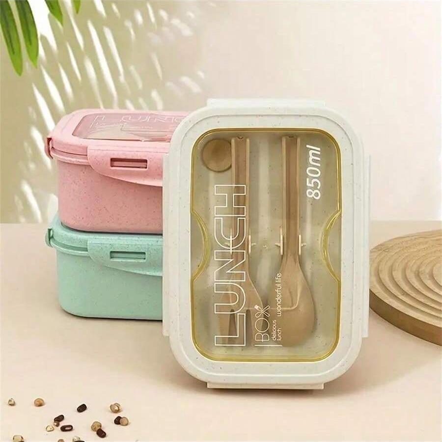 Lunch Box with Cutlery Set, Reusable Double-Grid Bento Lunch Box with ...